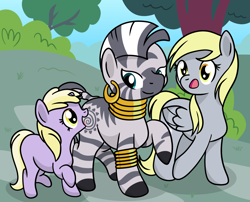 Size: 1944x1569 | Tagged: safe, artist:dinkyuniverse, derpy hooves, dinky hooves, zecora, pegasus, pony, unicorn, zebra, cute, daughter, day, ear piercing, earring, equestria's best daughter, equestria's best family, equestria's best mother, excited, family, female, filly, foal, jewelry, mare, mother, mother and child, mother and daughter, parent and child, piercing, sweet dreams fuel, talking, tree, trotting, walking, wholesome, zecora appreciation week