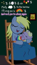 Size: 900x1600 | Tagged: safe, artist:magerblutooth, derpy hooves, dinky hooves, bird, duck, pegasus, pony, unicorn, baby, baby dinky hooves, balloon, blanket, cloud, cute, derpabetes, derpy's lullaby, dinkabetes, equestria's best daughter, equestria's best mother, eyes closed, female, headcanon, holding a pony, infant, lullaby, lyrics, messy mane, moon, mother and child, mother and daughter, parent and child, pictogram, picture frame, rainbow, rocking chair, sleeping, song reference, stars, text, wholesome