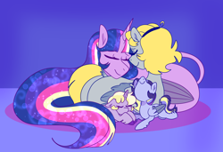 Size: 2048x1397 | Tagged: safe, artist:cubbybatdoodles, derpy hooves, dinky hooves, twilight sparkle, twilight sparkle (alicorn), oc, alicorn, pegasus, pony, unicorn, daughter, equestria's best daughter, equestria's best mother, female, filly, leonine tail, lesbian, magical lesbian spawn, mare, mother, mother and child, mother and daughter, offspring, parent and child, parent:derpy hooves, parent:ditzy doo, parent:ponet, parent:twilight sparkle, parents:ponetderp, parents:twerpy, shipping, twerpy, wife, wives