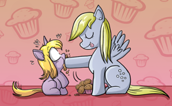 Size: 576x356 | Tagged: safe, artist:xkappax, derpy hooves, dinky hooves, pegasus, pony, eat muffins every day, equestria's best mother, female, mare