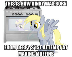 Size: 625x497 | Tagged: safe, derpy hooves, dinky hooves, pegasus, pony, caption, equestria's best mother, female, headcanon, mare, oven, scrunchy face, smiling, spread wings, wat