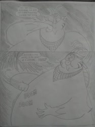 Size: 1024x1366 | Tagged: safe, artist:princebluemoon3, cosmos (character), draconequus, comic:the chaos within us, bandana, belly, black and white, bloated, canterlot, chaos, chubby cheeks, comic, commissioner:bigonionbean, dialogue, drawing, dream, embarrassed, extra thicc, fat, female, finger snap, floating, grayscale, magic, monochrome, night, nightmare, obese, out of control magic, smiling, squishy, stomach, talking to herself, traditional art, writer:bigonionbean