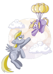 Size: 612x850 | Tagged: safe, artist:xkappax, derpy hooves, dinky hooves, pegasus, pony, balloon, cloud, equestria's best mother, female, floating, flying, mare