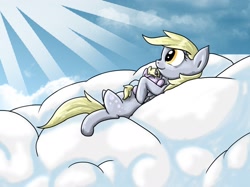 Size: 1890x1417 | Tagged: safe, artist:sugaryoshi, derpy hooves, dinky hooves, pegasus, pony, cloud, cloudy, equestria's best mother, female, hug, mare, on back