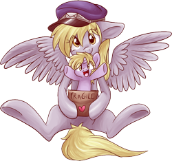 Size: 666x623 | Tagged: safe, artist:fizzy-dog, derpy hooves, dinky hooves, pegasus, pony, cute, derpabetes, dinkabetes, equestria's best mother, female, filly, hat, heart, looking at you, mail, mare, open mouth, package, simple background, sitting, transparent background