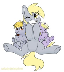Size: 1500x1700 | Tagged: safe, artist:sarikashy, crackle pop, derpy hooves, dinky hooves, pony, brother and sister, brownies, colt, cute, eating, equestria's best mother, featureless crotch, female, filly, food, hug, male, mare, mother and child, mother and daughter, mother and son, one eye closed, parent and child, siblings, simple background, tea, white background, winghug, wink