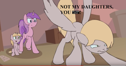 Size: 1243x658 | Tagged: safe, artist:kanashiipanda, edit, edited screencap, amethyst star, derpy hooves, dinky hooves, sparkler, pegasus, pony, unicorn, angry, background pony, beware the nice ones, buy some apples, censored, censored dialogue, censored vulgarity, cropped, epic derpy, equestria's best mother, female, filly, guardian (web video), harry potter, harry potter and the deathly hallows, imminent beatdown, mama bear, mare, novelty censor, text, this will end in cheers, underp
