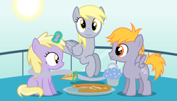 Size: 11200x6400 | Tagged: safe, artist:parclytaxel, crackle pop, derpy hooves, dinky hooves, genie pony, pegasus, pony, unicorn, .svg available, absurd resolution, balcony, bottle, brother and sister, colt, equestria's best family, equestria's best mother, female, filly, food, genie, ham, levitation, like mother like daughter, like mother like son, magic, male, mare, meat, mother and child, mother and daughter, mother and son, muffin, parent and child, pizza, ponies eating meat, prosciutto, siblings, sitting, smiling, spinach, sun, telekinesis, vector