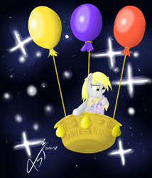 Size: 1500x1750 | Tagged: safe, artist:asajiopie01, derpy hooves, dinky hooves, balloon, cute, daydreaming derpy, derp, equestria's best mother, eyes closed, female, hug, mother and child, mother and daughter, parent and child, space