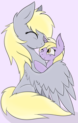 Size: 1316x2064 | Tagged: safe, artist:kamii, artist:vengefulstrudel, derpy hooves, dinky hooves, pegasus, pony, unicorn, chest fluff, cute, daughter, derpabetes, dinkabetes, duo, equestria's best daughter, equestria's best mother, eyes closed, female, headcanon, hug, like mother like daughter, mother, mother and child, mother and daughter, parent and child, simple background, winghug