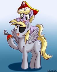 Size: 1073x1356 | Tagged: safe, artist:anibaruthecat, derpy hooves, dinky hooves, pegasus, pony, unicorn, blushing, cute, equestria's best mother, eyepatch, female, filly, hat, headcanon, hook, looking at each other, mare, mother and child, mother and daughter, open mouth, parent and child, pirate hat, signature