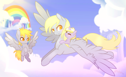 Size: 3481x2136 | Tagged: safe, artist:serathrix, crackle pop, derpy hooves, dinky hooves, pegasus, pony, unicorn, brother and sister, cloud, colored pupils, colt, cute, dinkabetes, equestria's best daughter, equestria's best mother, female, filly, flying, male, mare, mother and child, mother and daughter, mother and son, nuzzling, parent and child, ponies riding ponies, rainbow, siblings