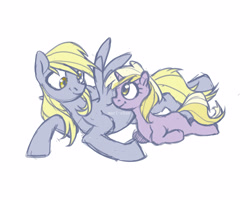 Size: 5000x4000 | Tagged: safe, artist:i-just-mari, derpy hooves, dinky hooves, pegasus, pony, unicorn, absurd resolution, blank flank, cute, derpabetes, dinkabetes, duo, equestria's best daughter, equestria's best mother, female, filly, like mother like daughter, looking at each other, mare, prone, simple background, smiling, white background