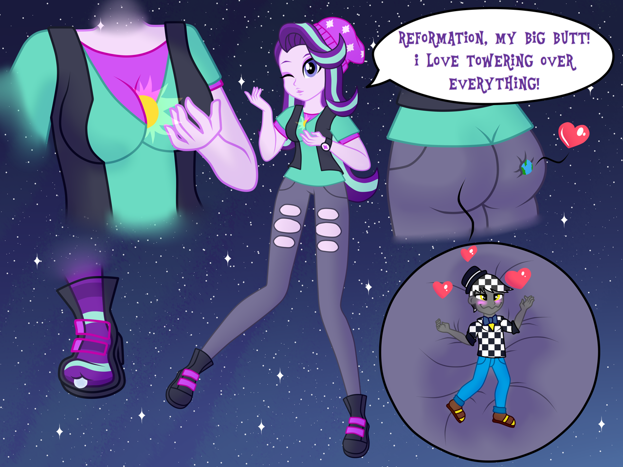 147405 - suggestive, artist:blu-wisteria, starlight glimmer, oc,  oc:checkerboard, equestria girls, mirror magic, spoiler:eqg specials,  absurd resolution, ass, beanie, bigger than a planet, breasts, earth,  female, giantess, giga starlight glimmer ...