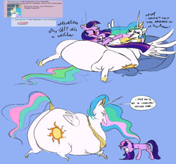 Size: 825x768 | Tagged: safe, artist:ross irving, princess celestia, twilight sparkle, unicorn twilight, alicorn, pony, unicorn, blushing, colored sketch, fat, female, impossibly large butt, lesbian, mare, plot, shipping