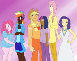 Size: 1280x1011 | Tagged: safe, artist:ac-drawings, artist:askthemanesix, artist:mousathe14, applejack, fluttershy, pinkie pie, rainbow dash, rarity, twilight sparkle, human, applejacked, askthemanesix, breasts, cleavage, clothes, delicious flat chest, dress, fat, female, flattershy, gradient background, group shot, humanized, mane six, muscles, pudgy pie, raritits, skinny, sweater, sweatershy, tallershy