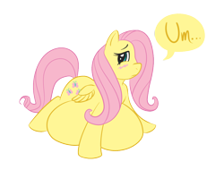 Size: 1106x840 | Tagged: safe, artist:okiedokielowkey, fluttershy, pegasus, pony, belly, blushing, fat, fattershy, female, impossibly large belly, mare, simple background, solo