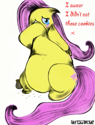 Size: 447x588 | Tagged: safe, artist:anquietaspony, fluttershy, pegasus, pony, blatant lies, cookie, crumbs, crying, fat, fattershy, female, mare, solo