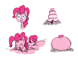 Size: 1000x738 | Tagged: safe, artist:okiedokielowkey, artist:plasma-snake, pinkie pie, earth pony, pony, belly, belly bed, big belly, cake, fat, female, impossibly large belly, inflation, mare, solo