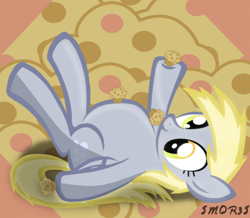 Size: 900x784 | Tagged: safe, artist:sm0r35, derpy hooves, pegasus, pony, abstract background, aderpose, eat muffins every day, fat, female, mare, muffin, on back, smiling, solo, stuffed