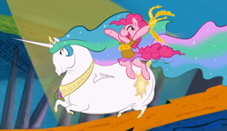 Size: 1400x806 | Tagged: safe, artist:php27, pinkie pie, princess celestia, alicorn, earth pony, horse, pony, chubbylestia, fat, looney tunes, parody, ponies riding horses, ponies riding ponies, what's opera doc
