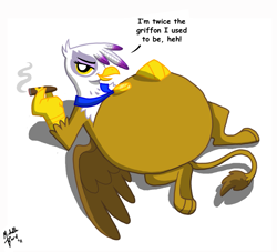 Size: 1519x1379 | Tagged: safe, artist:lollipoppaintbrush, gilda, griffon, belly, cigar, fat, gildough, impossibly large belly, pun