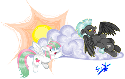 Size: 911x575 | Tagged: safe, artist:supergirl125, blossomforth, thunderlane, bhm, chubby, cloud, fat, lazy, let me do my job, simple background, sun, transparent background