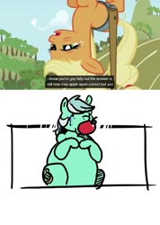 Size: 639x900 | Tagged: safe, edit, edited screencap, screencap, applejack, lyra heartstrings, earth pony, pony, applebuck season, fat, gay fatty, lard-ra heartstrings, youtube caption