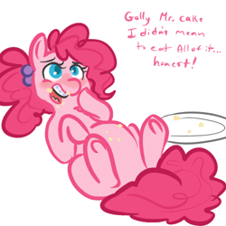 Size: 500x500 | Tagged: safe, artist:mt, pinkie pie, earth pony, pony, alternate hairstyle, fat, on back, pudgy pie