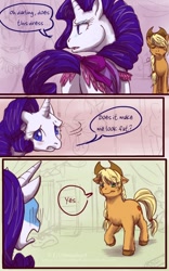 Size: 608x972 | Tagged: safe, artist:nanhart, applejack, rarity, earth pony, pony, unicorn, brutal honesty, chest fluff, comic, dialogue, element of honesty, fat, plot, speech bubble, unshorn fetlocks