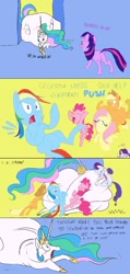 Size: 488x1024 | Tagged: safe, artist:ross irving, applejack, fluttershy, pinkie pie, princess celestia, rainbow dash, rarity, twilight sparkle, alicorn, earth pony, pegasus, pony, unicorn, blushing, chubbylestia, colored sketch, fat, impossibly large butt, mane six, plot, stuck, the ass is monstrously oversized for tight entrance