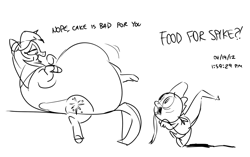 Size: 1229x773 | Tagged: safe, artist:ross irving, spike, twilight sparkle, dragon, fat, morbidly obese, sketch