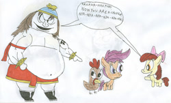 Size: 900x543 | Tagged: safe, artist:sithvampiremaster27, apple bloom, scootaloo, crossover, eric cartman, fat, good times with weapons, scootachicken, south park