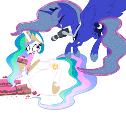 Size: 1239x1167 | Tagged: artist needed, safe, princess celestia, princess luna, alicorn, pony, belly, cake, cakelestia, camera, chubbylestia, fat, impossibly large belly, stuffed, stuffing