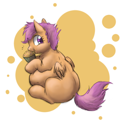 Size: 600x587 | Tagged: safe, artist:defenceless, scootaloo, chubby, cupcake, fat, scootalard, stuffed