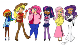 Size: 1280x753 | Tagged: safe, artist:neonlightwolf, applejack, fluttershy, pinkie pie, rainbow dash, rarity, twilight sparkle, clothes, converse, fat, humanized, pudgy pie, shoes, skirt