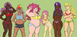 Size: 1280x625 | Tagged: safe, artist:chainsawkoala, applejack, fluttershy, pinkie pie, rainbow dash, rarity, twilight sparkle, belly button, bra, chubby, clothes, covering, crop top bra, dark skin, diverse body types, fat, humanized, mane six, muffin top, panties, pudgy pie, striped underwear, underwear