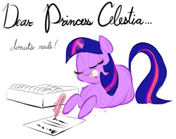 Size: 857x677 | Tagged: safe, artist:ross irving, twilight sparkle, unicorn twilight, unicorn, dear princess celestia, donut, eating, eyes closed, fat, female, food, letter, magic, mare, quill pen, twilard sparkle, writing