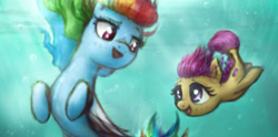 Size: 4000x1986 | Tagged: safe, artist:plotcore, edit, rainbow dash, scootaloo, seapony (g4), /mlp/, 4chan, drawthread, duo, seaponified