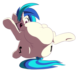 Size: 1200x1122 | Tagged: safe, artist:okiedokielowkey, dj pon-3, vinyl scratch, pony, unicorn, belly, fat, hard shadows, spread legs, vinyl fat