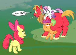 Size: 985x719 | Tagged: safe, artist:ross irving, apple bloom, big macintosh, scootaloo, sweetie belle, blushing, cutie mark crusaders, fat, plot, pushups