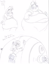 Size: 2550x3311 | Tagged: safe, artist:catstuxedo, rarity, sweetie belle, belly button, blueberry, blueberry inflation, fat, food, humanized, inflation, sweetie berry