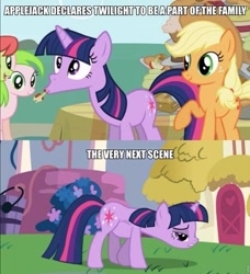 Size: 500x548 | Tagged: safe, edit, edited screencap, screencap, applejack, twilight sparkle, unicorn twilight, earth pony, pony, unicorn, friendship is magic, caption, comic, fat, female, mare, out of context, screencap comic, twilard sparkle