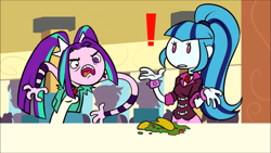 Size: 1366x768 | Tagged: safe, artist:ponut_joe, aria blaze, sonata dusk, equestria girls, abuse, exclamation point, food, sonatabuse, taco, taco hell, this will end in tears and/or death, youtube link