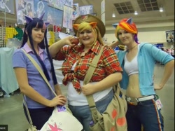 Size: 716x536 | Tagged: safe, applejack, rainbow dash, twilight sparkle, human, applefat, cosplay, fat, irl, irl human, photo