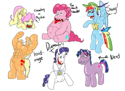 Size: 900x656 | Tagged: safe, artist:icedroplet, applejack, applejack (male), bubble berry, butterscotch, dusk shine, elusive, fluttershy, pinkie pie, rainbow blitz, rainbow dash, rarity, twilight sparkle, earth pony, pegasus, pony, unicorn, abs, acne, blood, fat, glasses, mane six, meth, muscles, nerd, nosebleed, pimple, rule 63, simple background, steroids, stylistic suck, swag, transparent background