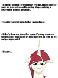 Size: 595x800 | Tagged: safe, oc, oc only, oc:fausticorn, debate, drama, drama bomb, expansion, fat, lauren faust, meta, question, text