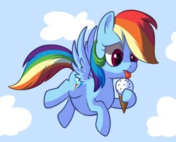 Size: 500x404 | Tagged: safe, artist:reuniclus, rainbow dash, pegasus, pony, adorafatty, belly, chibi, chubby, cloud, comfort eating, cute, fat, filly, flying, ice cream, ice cream cone, rainblob dash, sad, shetland pony, small, solo, tongue out