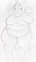 Size: 685x1187 | Tagged: safe, artist:sb, snips, sugar, anthro, breasts, busty sugar, chubby, clothes, fat, female, muffin top, rule 63, sketch, solo