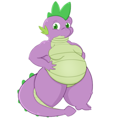 Size: 1000x1000 | Tagged: safe, artist:pfh, spike, dragon, belly, bhm, big belly, fangs, fat, fat spike, hands on hip, moobs, thighs, thunder thighs